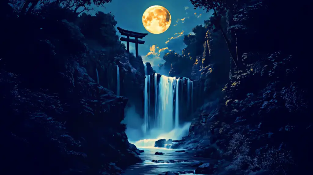 Download Waterfall and Torii Gate at Night Live Wallpaper