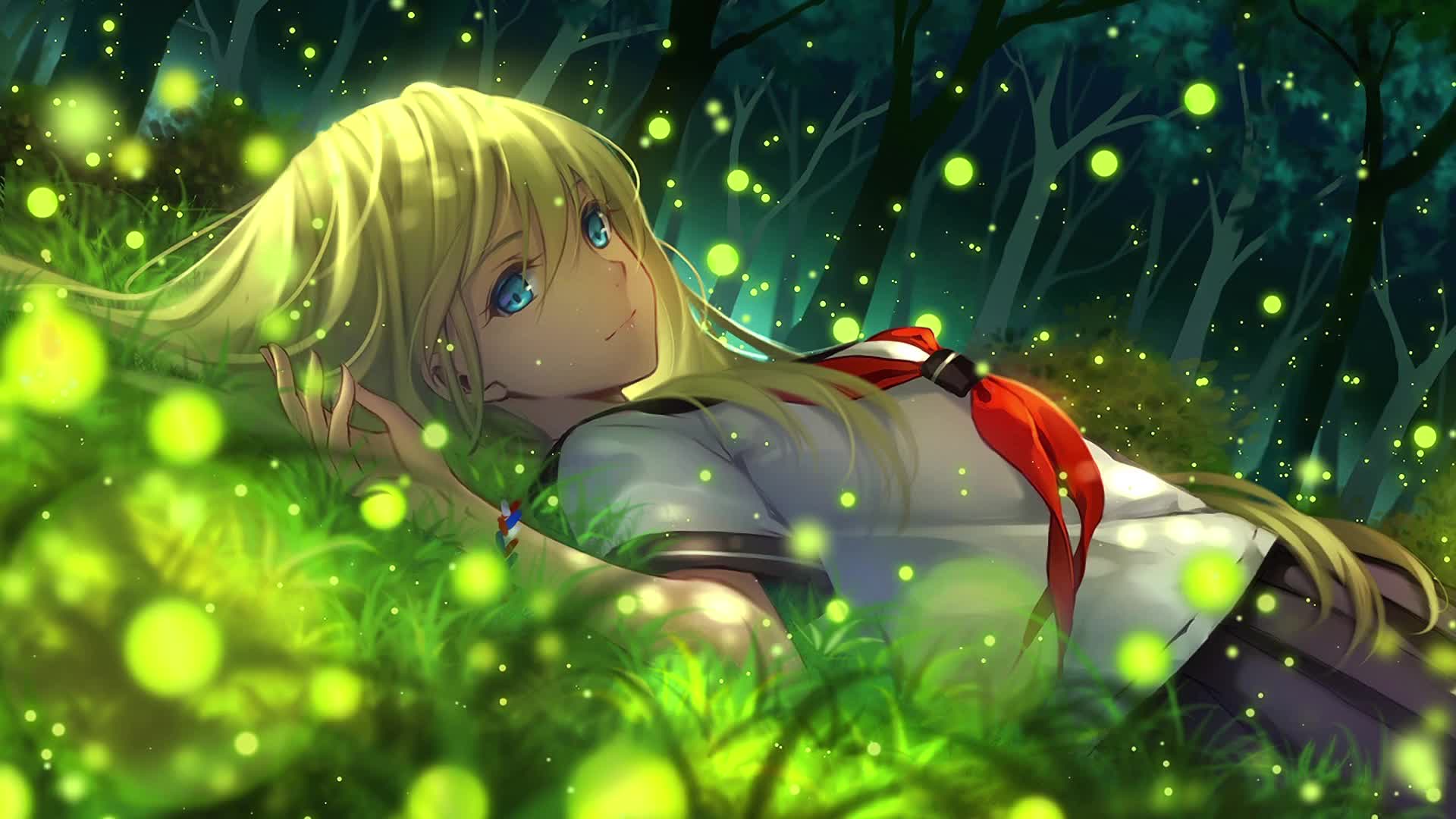 Download Anime Girl on Grass Animated Wallpaper