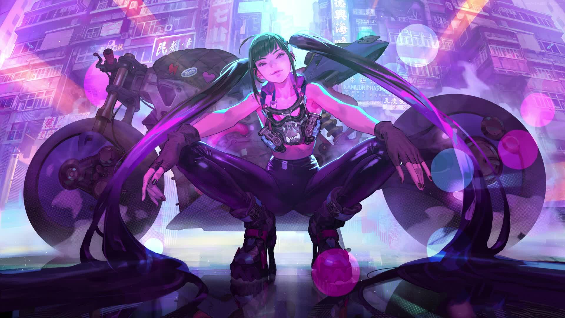 Download PC Animated Cyberpunk Girl Biker Live Wallpaper