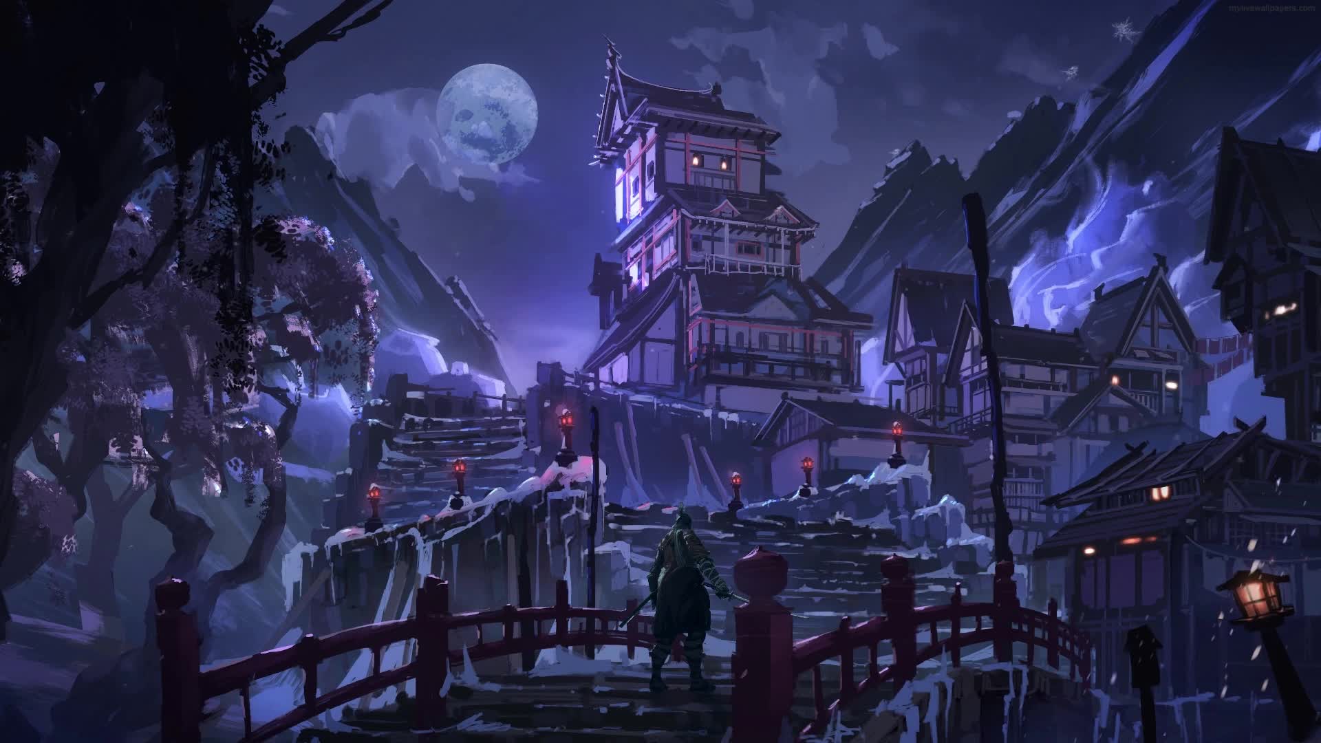 Download PC Animated Samurai Night Village Live Wallpaper