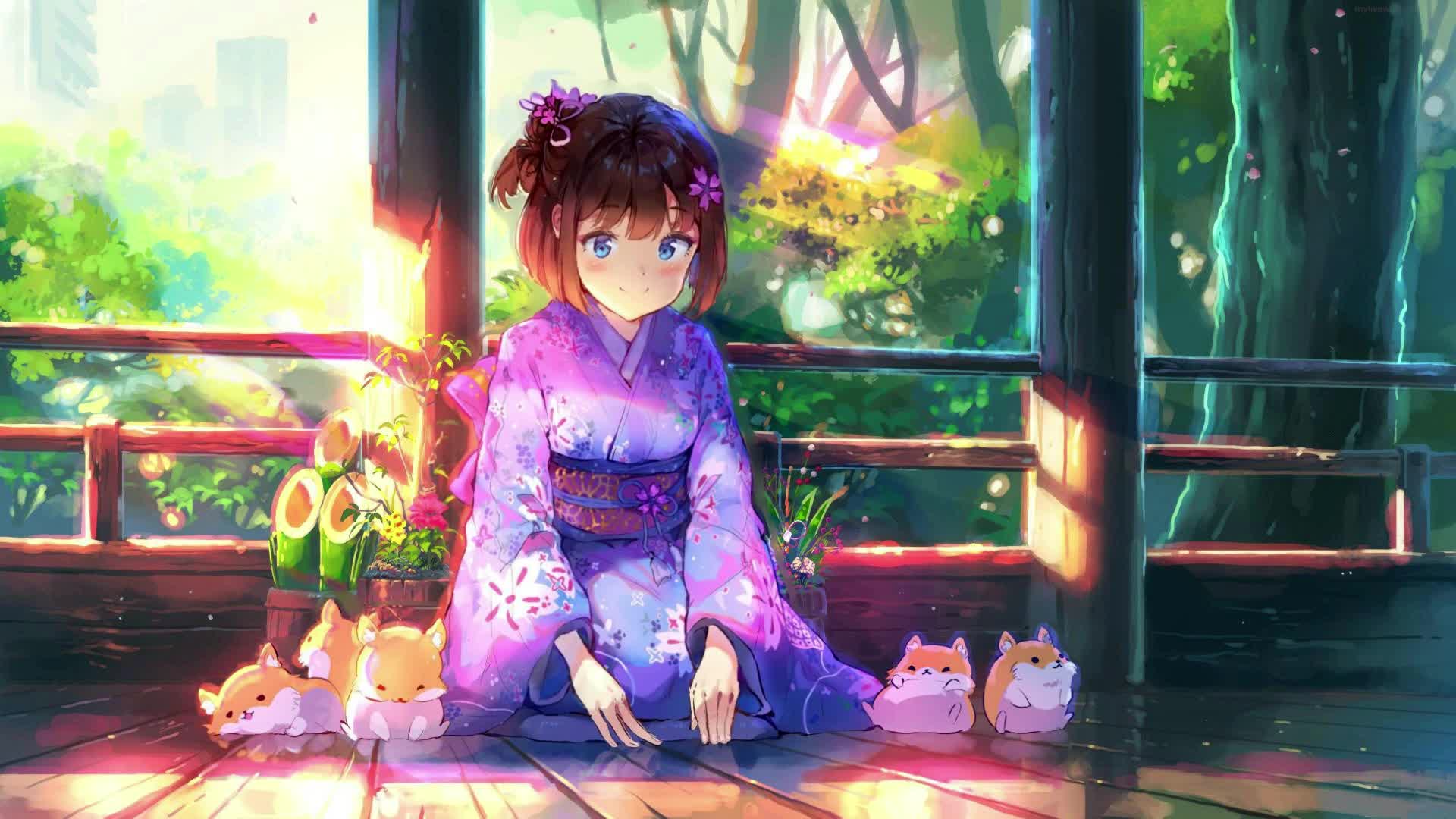 Download PC Kimono Girl with Hamsters Live Wallpaper Free