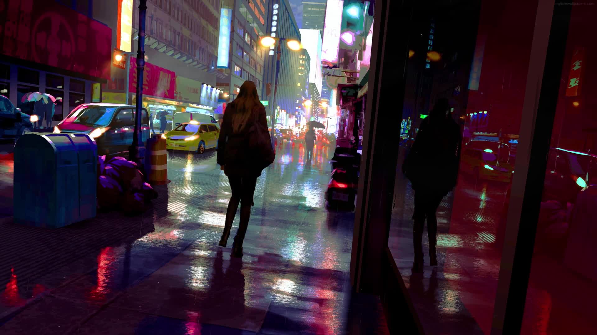 Download PC Night Walk City Rain Live Wallpaper Free