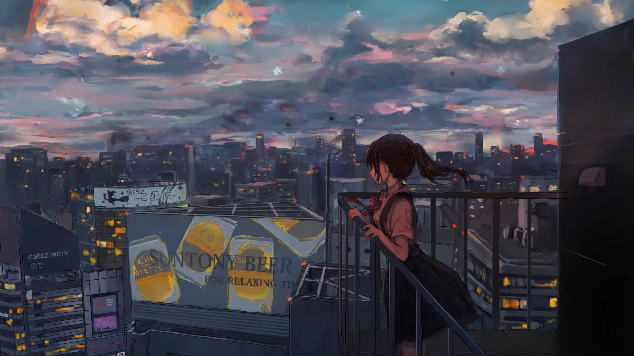 Download Anime Girl Looking At The City On The Rooftop HD Live Wallpaper For PC