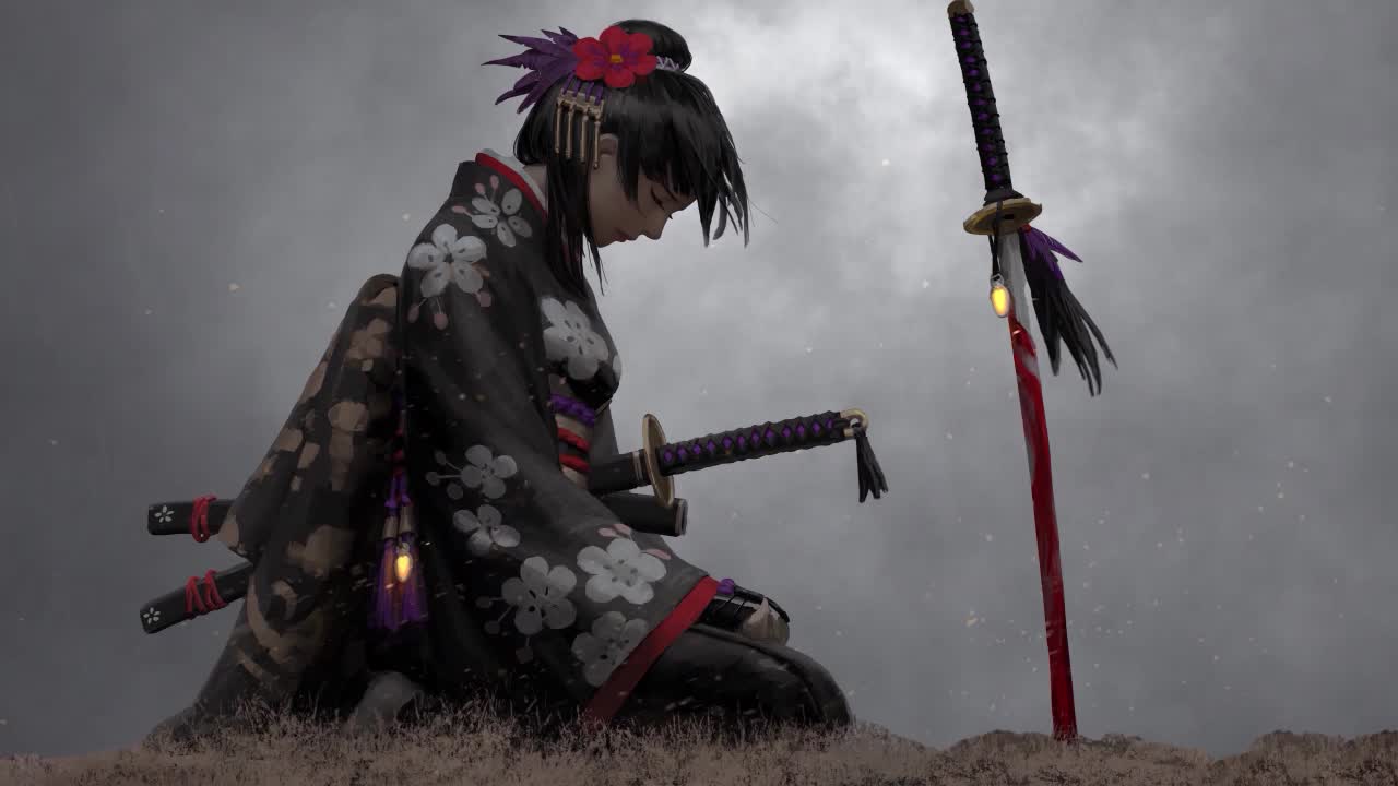 Download Samurai Girl Kneeling In Rain HD Live Wallpaper For PC