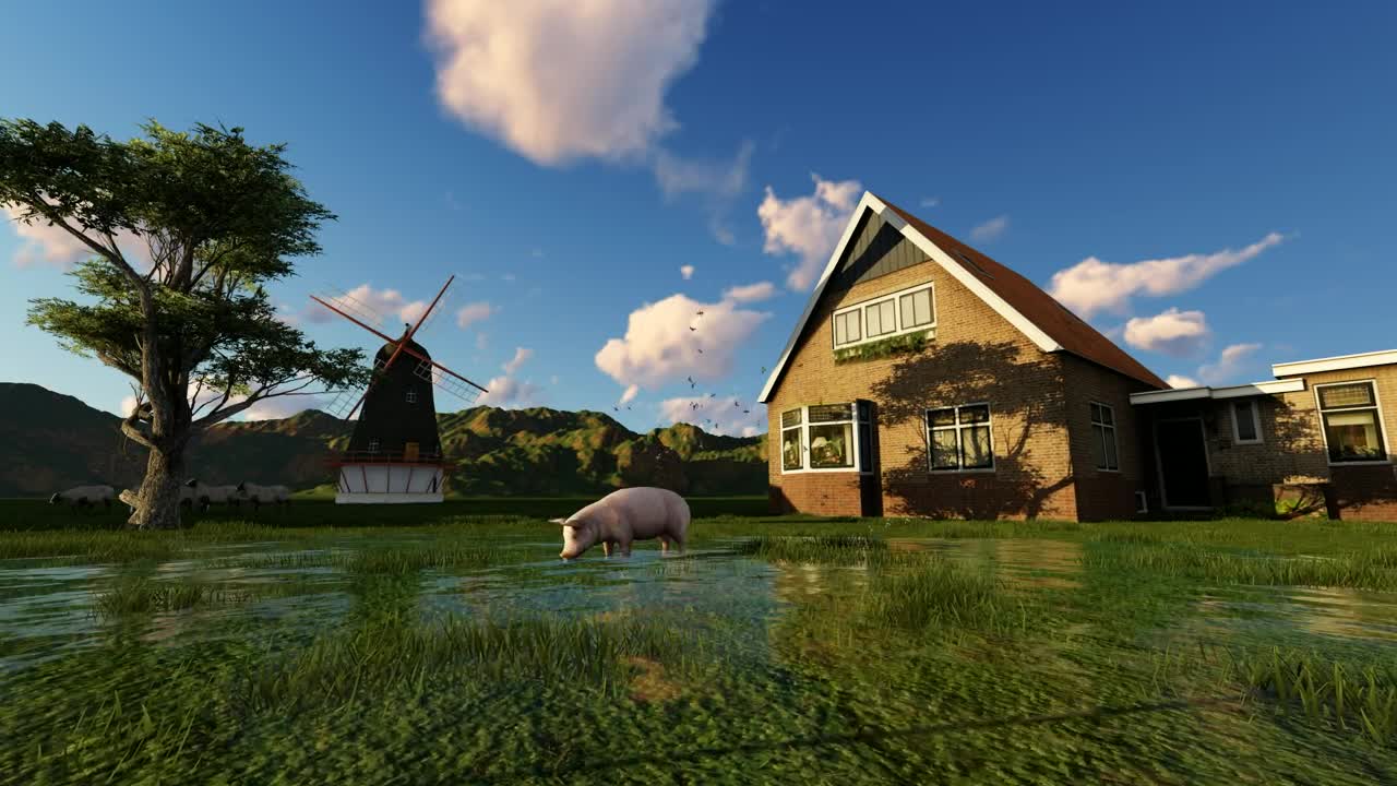 Download Stock Video 3d farm with a pig a mill a house and PC Live Wallpaper