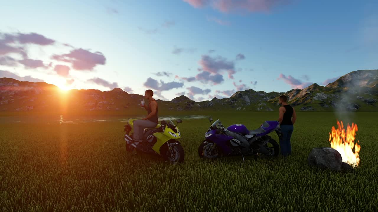 Download Stock Video 3d motorcyclists watching the sunset outside PC Live Wallpaper