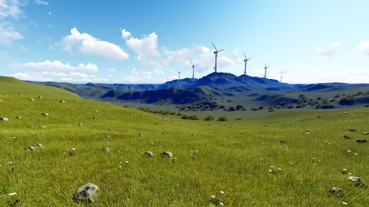 Download Stock Video 3d sunny meadow with hills in the distance PC Live Wallpaper