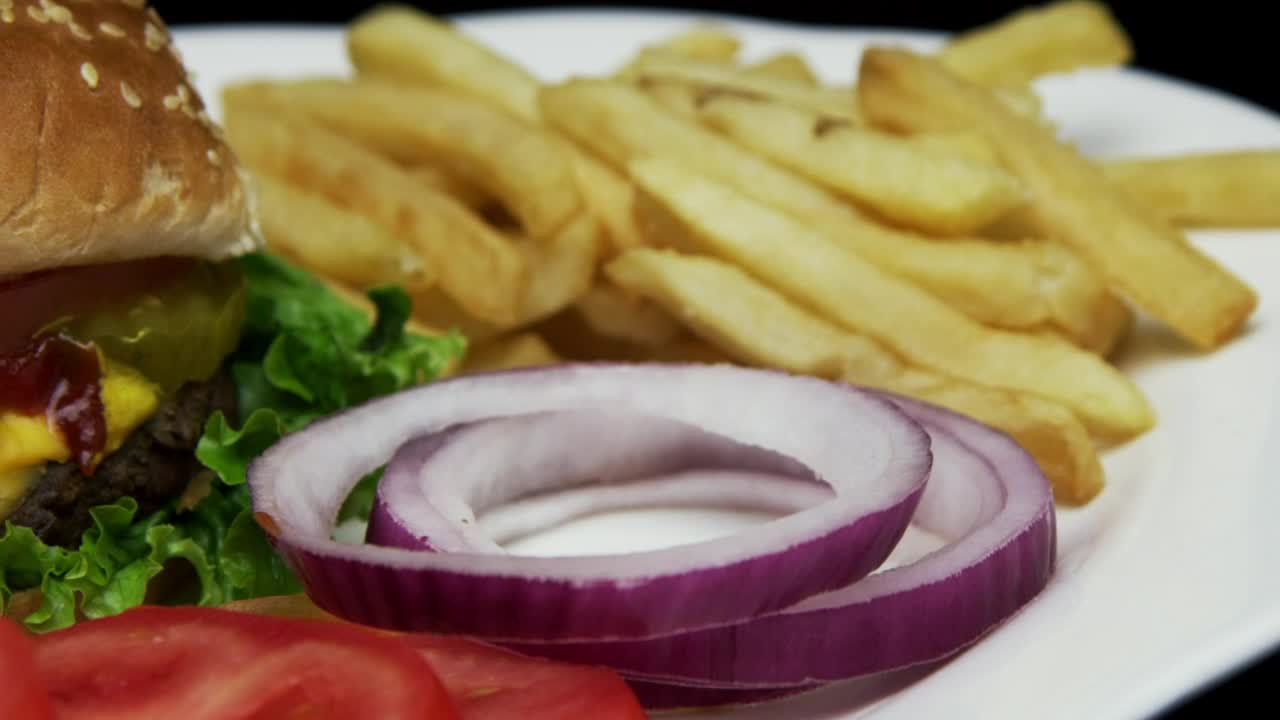 Download Video Stock Cheeseburger With Onion Salad And Fries Live Wallpaper For PC