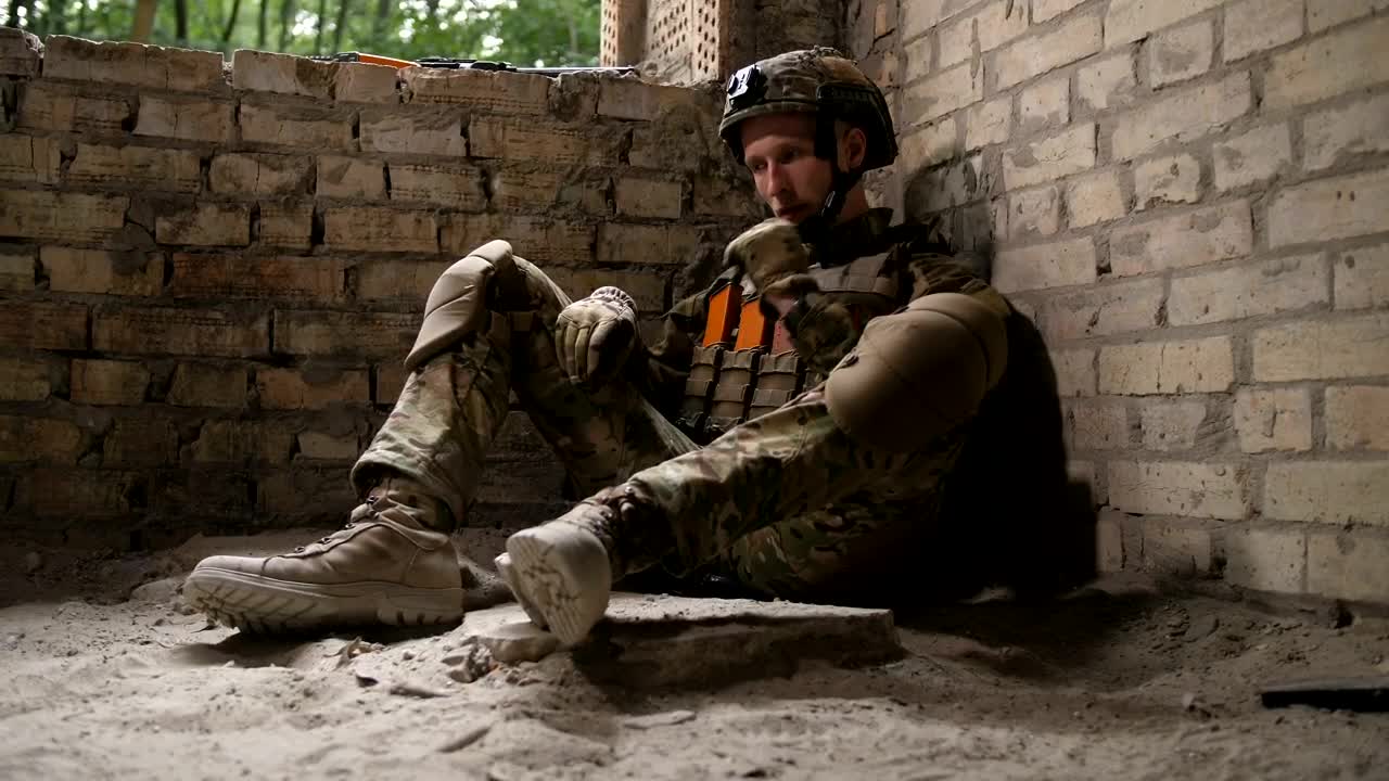 Download Stock Video Exhausted Soldier After A Battle In A War Zone Live Wallpaper For PC