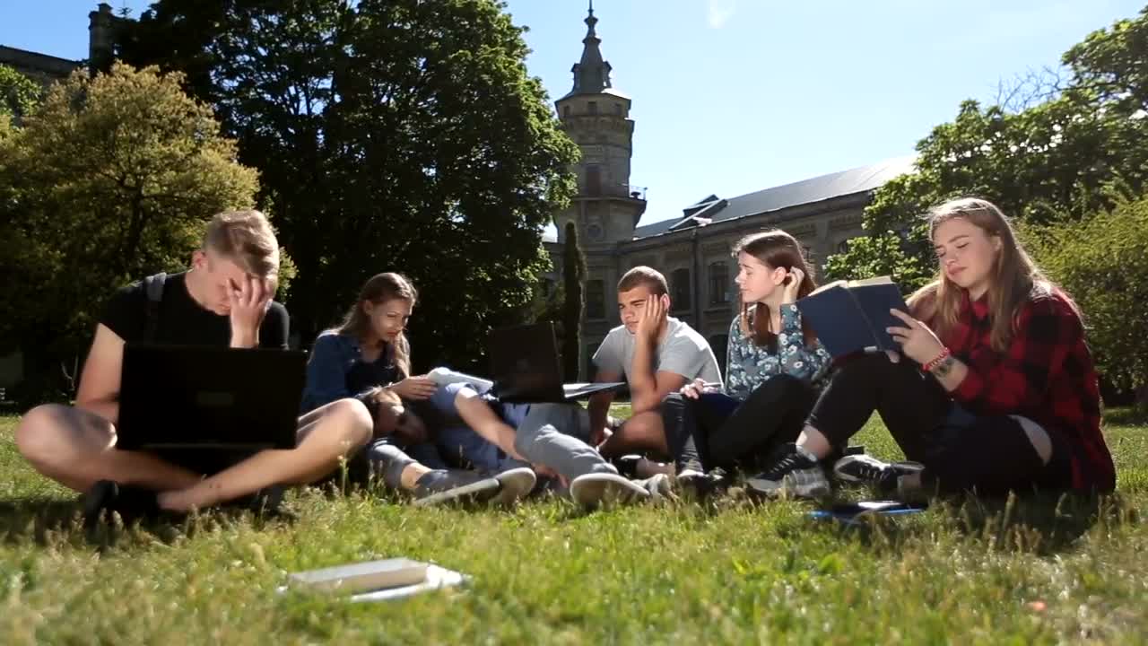 Download Stock Video Exhausted Classmates Studying In A School Garden Live Wallpaper For PC