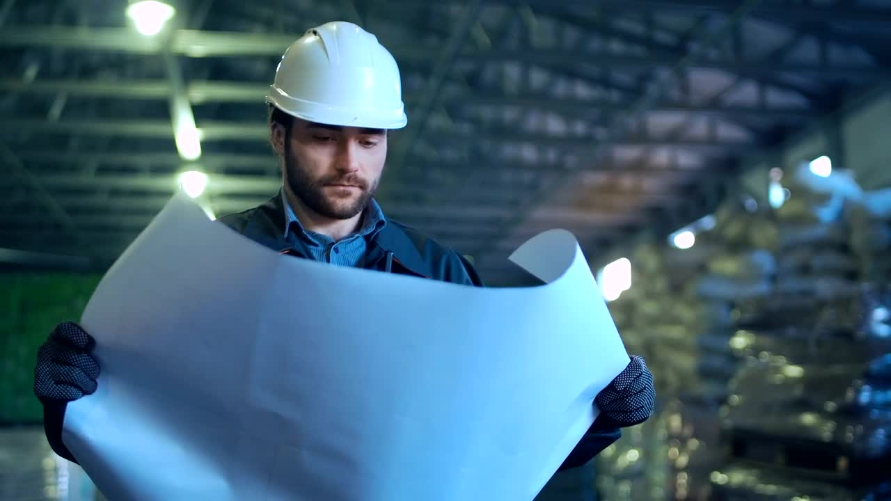 Download Stock Video Engineer Holding A Blueprint In A Warehouse Live Wallpaper For PC