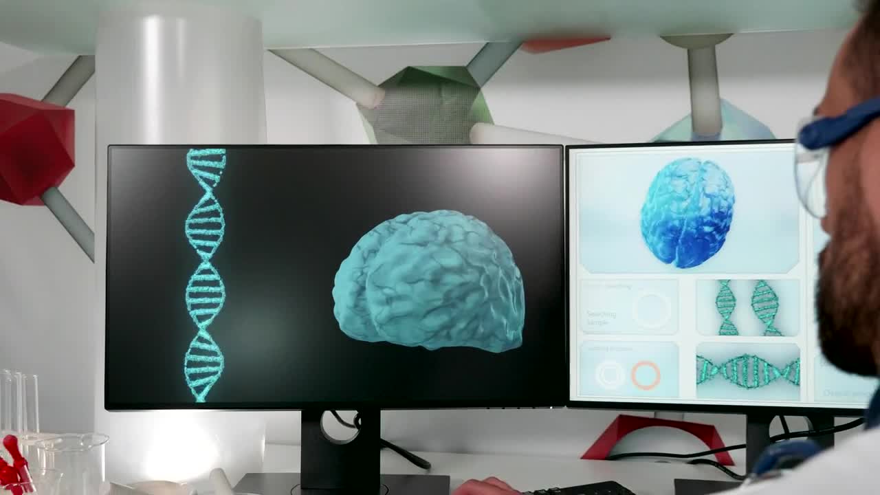 Download Stock Video Doctor Looks At Dna Model In Modern Research Lab Live Wallpaper For PC