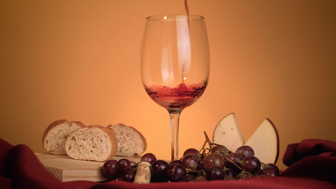 Download Stock Video Glass Of Red Wine Surrounded By Grapes Bread And Cheese Live Wallpaper For PC