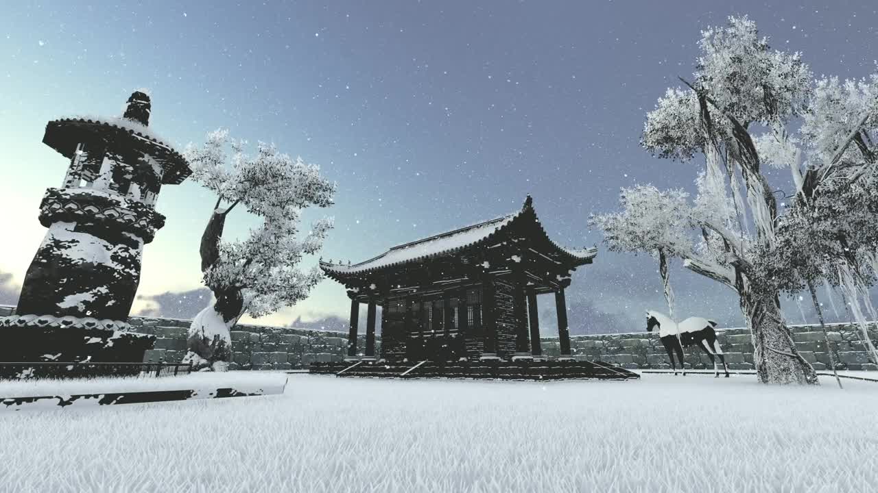 Download Stock Video Japanese Pavilion In A Snowy Garden With A Horse Animated Wallpaper