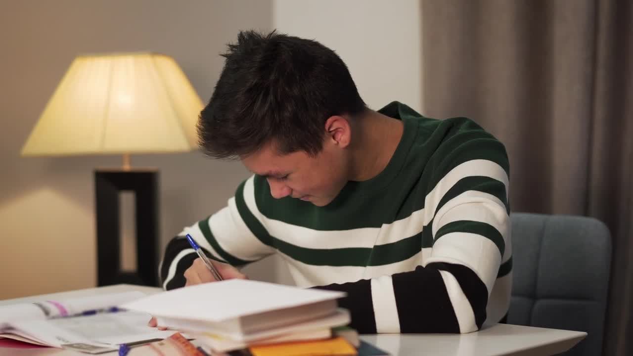 Download Stock Video Happy Young Man Writing With Pen And Paper Animated Wallpaper