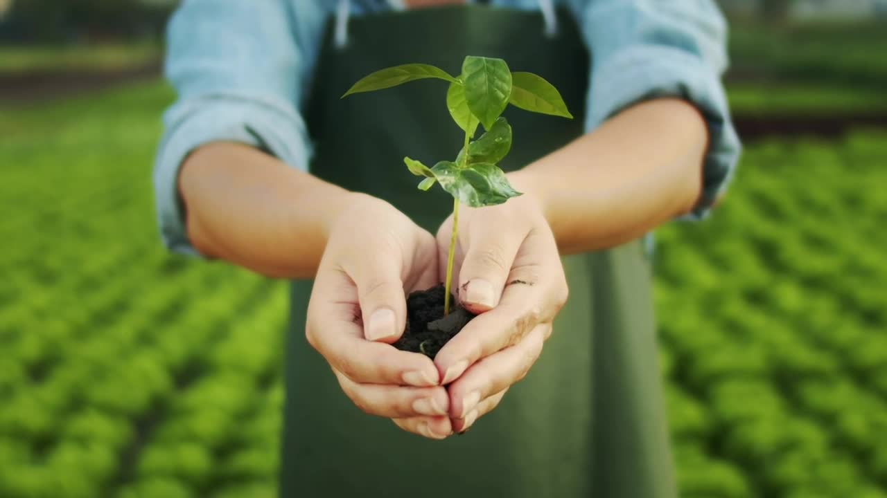 Download Stock Video Hands Hold Watered Plant With Eco Farm In Background Animated Wallpaper