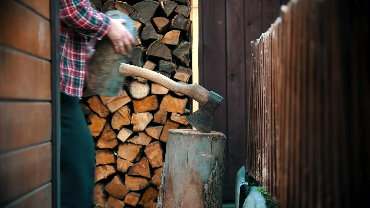 Download Stock Video Lumberjack Chopping A Small Log With An Ax Animated Wallpaper