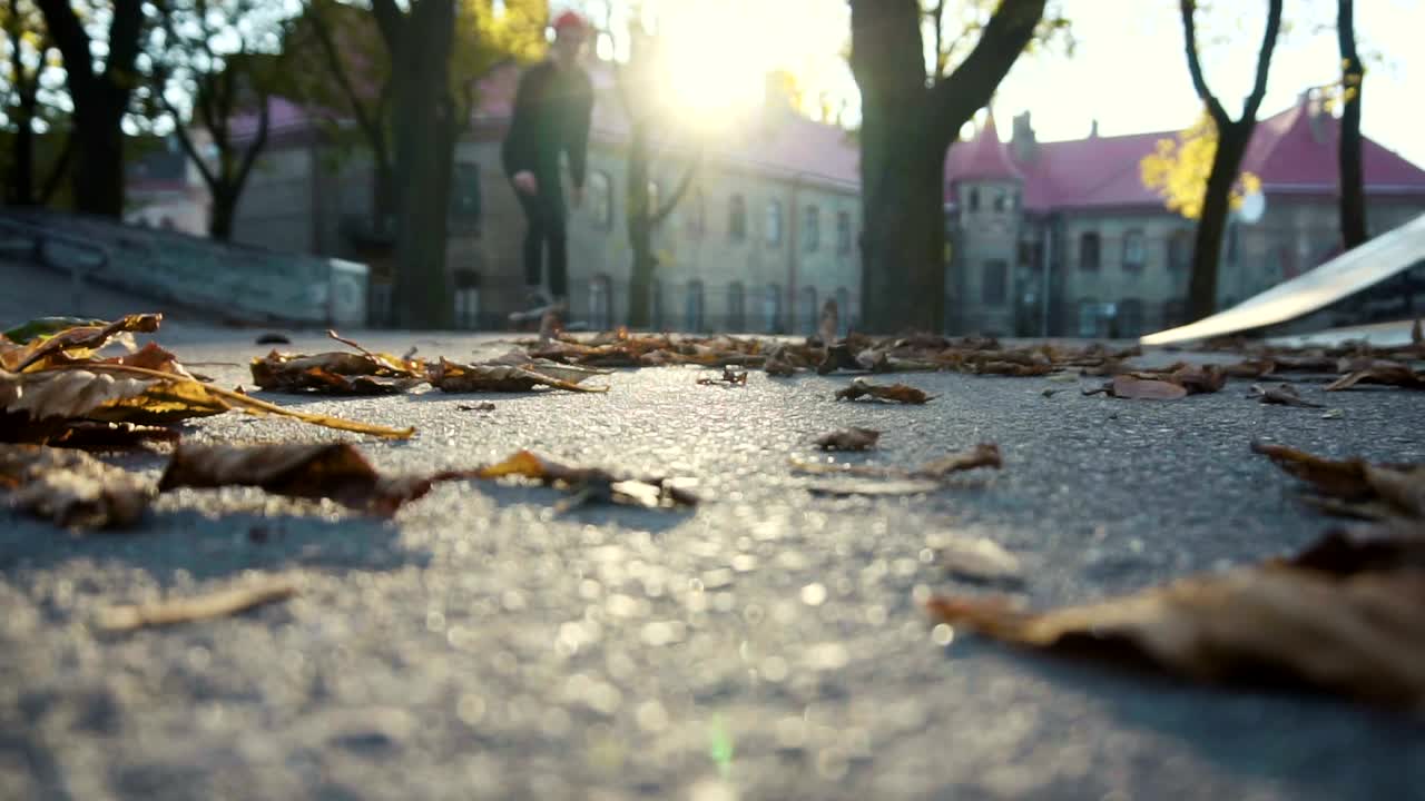 Download Stock Video Low Angle Of Skater Riding Through Autumn Leaves Animated Wallpaper