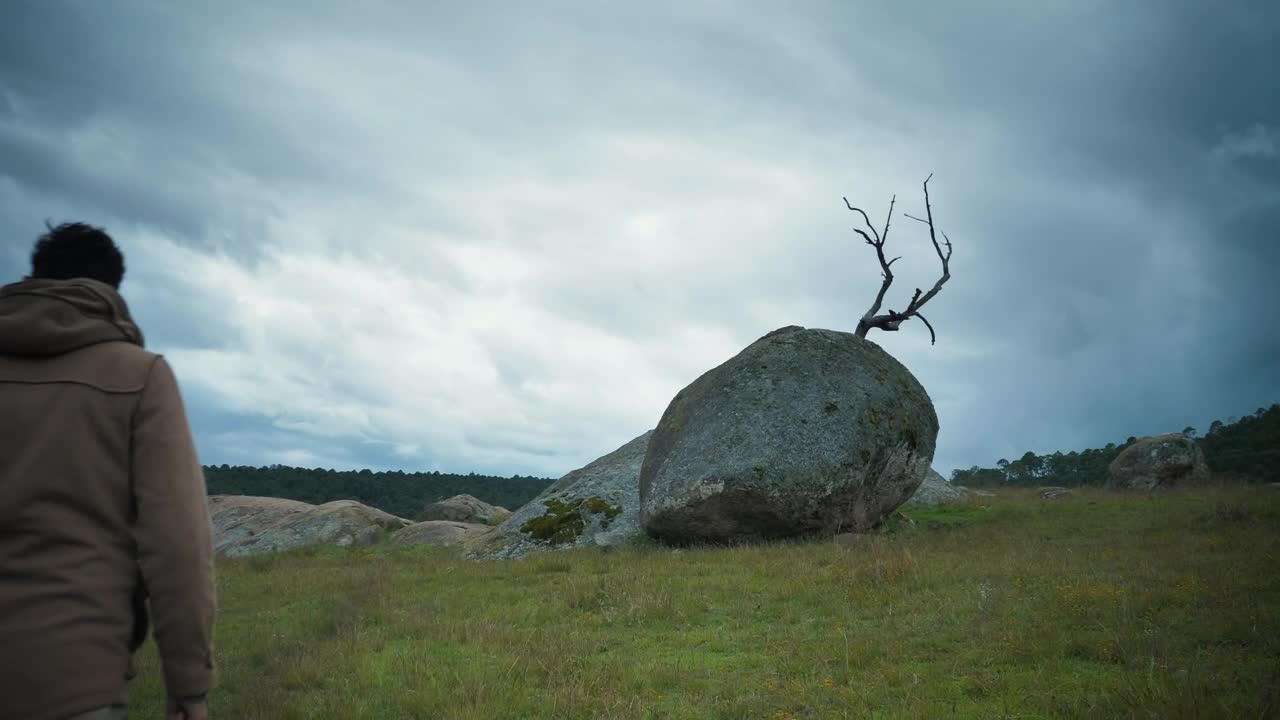 Download Stock Video Man Taking Pictures Of A Big Stone With His Phon Animated Wallpaper