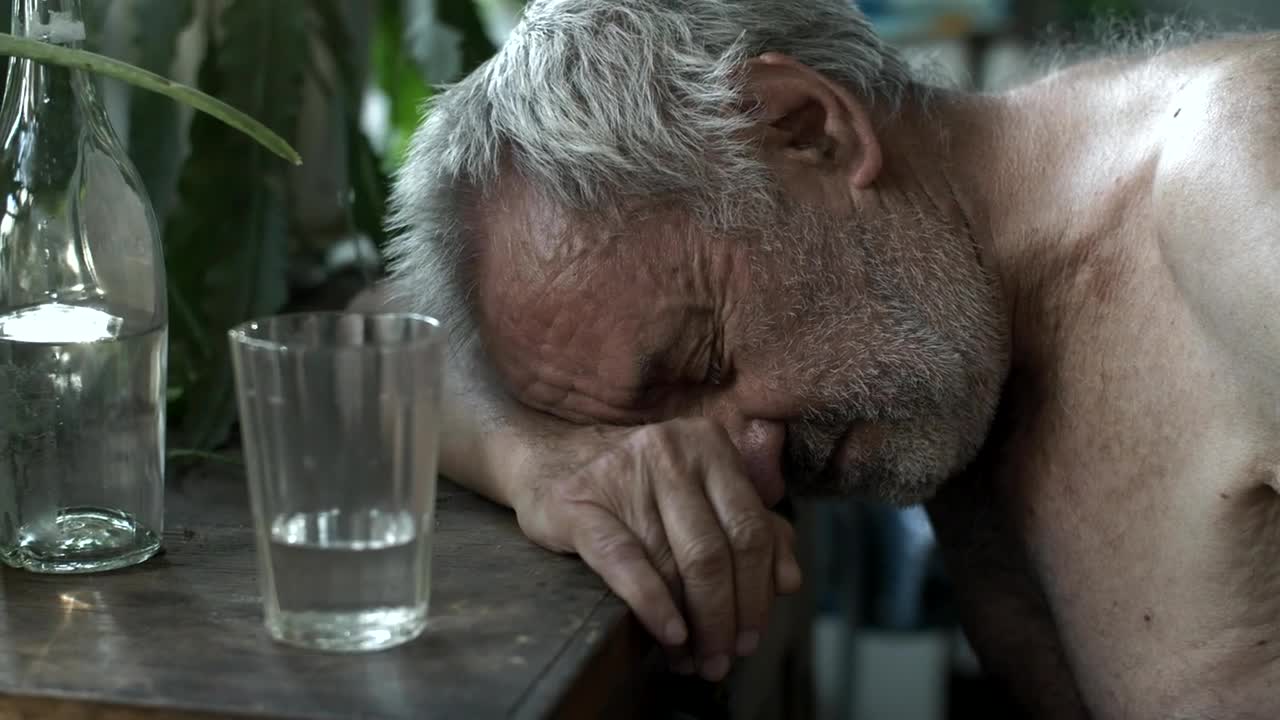 Download Stock Video Old Shirtless Drunk Man Sleeping On A Table Live Wallpaper