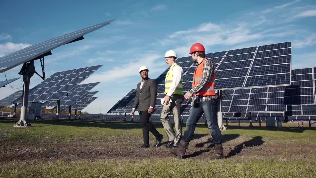 Download Free Video Stock three engineers working on a solar panel field Live Wallpaper