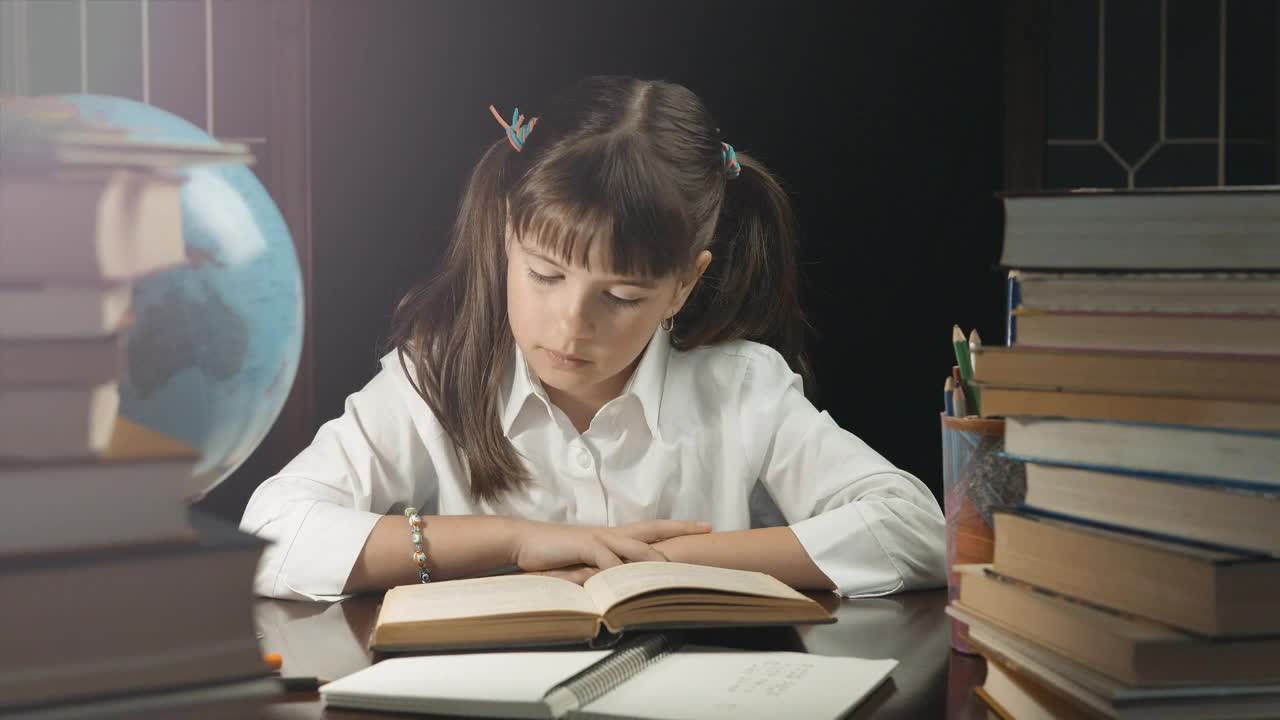 Download Stock Footage Young Girl Learns From Book In Dark Room Live Wallpaper Free