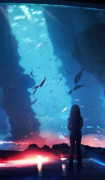 Download iPhone and Android Girl Looking At Fish In Aquarium Live Phone Wallpaper