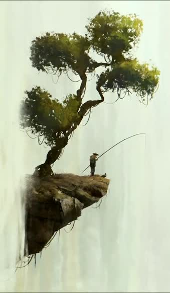 Download iPhone  Android Fisherman Fishing At Waterfall Fantasy Phone Live Wallpaper