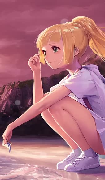 Download Lillie At The Beach Pokemon iphone lock screen wallpaper