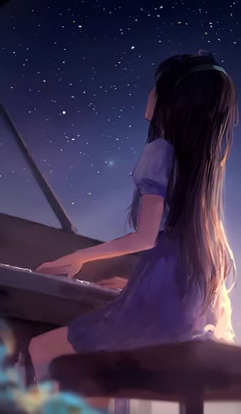 Download iPhone And Android Anime Girl Playing Piano Starry Night Sky With Fireworks Phone Live Wallpaper